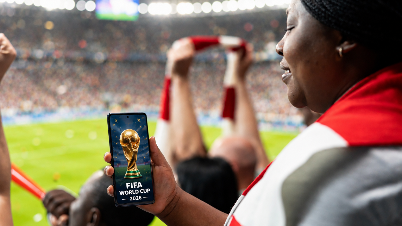 Football fan on phone at world cup